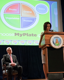 photo of First Lady Michelle Obama and USDA Secretary Tom Vilsack at the launch of MyPlate on June 2, 2011