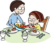 Mother and child eating at table